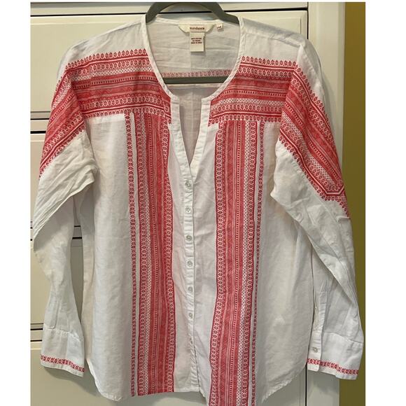 Sundance Women's Red Ikat Print Button Up Blouse Size 14 Petite 100% Cotton Boho - Picture 2 of 6
